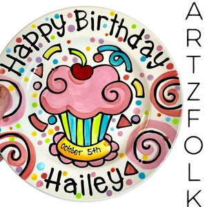 Small or Large Ceramic Personalized Birthday Plate confetti party swirls and cupcake handmade by Artzfolk image 3
