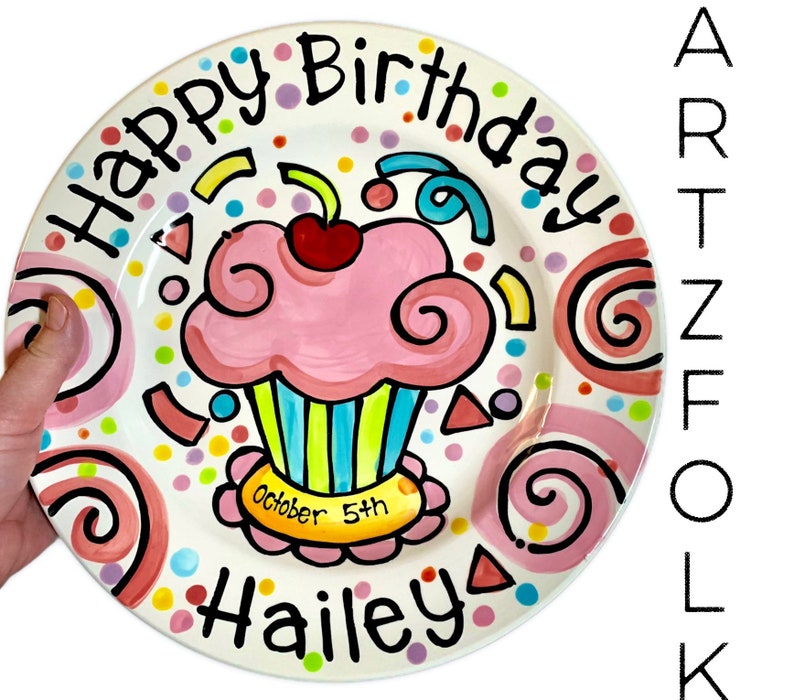 Small or Large Ceramic Personalized Birthday Plate confetti party swirls and cupcake handmade by Artzfolk image 3