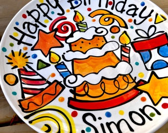 Big Celebrate everything ceramic birthday cake plate by Artzfolk