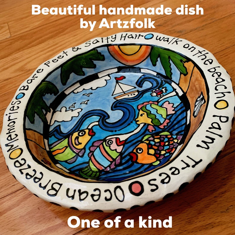 Beach theme one of a kind pottery serving dish original painting sailboat fish ocean by Artzfolk