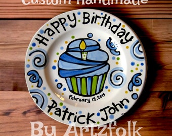 Happy Birthday cheer candle blue cupcake personalized Plate custom ceramic by Artzfolk