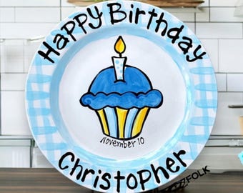 Personalized Birthday Plate traditional checkered cupcake