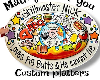 Custom Family Tradition BBQ Platter: Large Oval Ceramic Grilling Plate