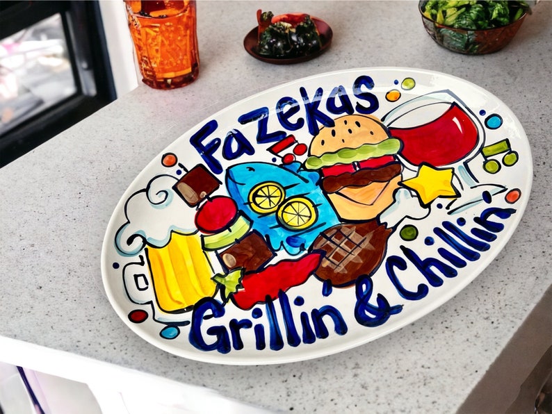 Handmade Custom art ceramic oval bbq platter personalized gift by artzfolk image 2