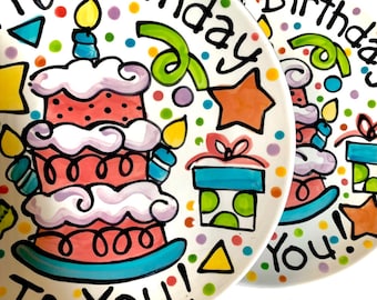 Large happy birthday cake plate child’s birthday ,new baby personalized handmade ceramic art