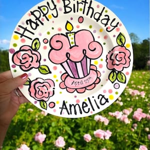 Small or Large handmade ceramic Celebrate happy birthday roses Party plate personalized name cupcake