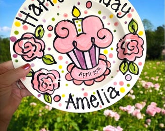 Small or Large handmade ceramic Celebrate happy birthday roses Party plate personalized name cupcake