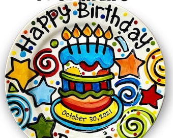 Personalized Ceramic Birthday Plate: Custom Family Celebration Cake, 10"