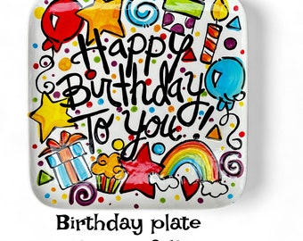 Square happy birthday ceramic plate by Artzfolk fast ship 10”