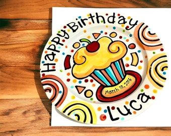 Personalized Birthday Plate confetti party swirls and confetti cupcake handmade by Artzfolk 3 sizes