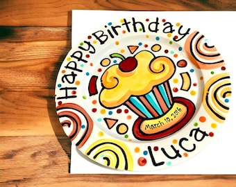 Personalized Birthday Plate confetti party swirls and confetti cupcake handmade by Artzfolk 3 sizes