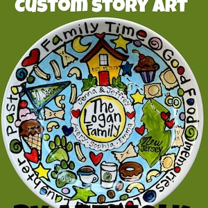 May include: A hand-painted ceramic plate with a personalized family design. The plate features a house, stars, hearts, and food illustrations, with text that reads "Family Time" and "The Logan Family". The plate is signed "By Artzfolk".
