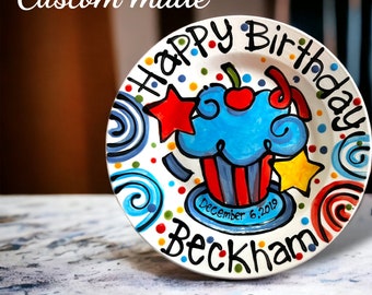 Handmade Birthday Cake Plate Personalized colorful happy ceramic cupcake stars and swirls