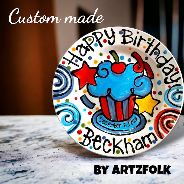 Handmade Birthday Cake Plate Personalized colorful happy ceramic cupcake stars and swirls