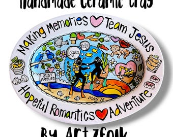 Custom designed family portrait ceramic platter with rim images by Artzfolk