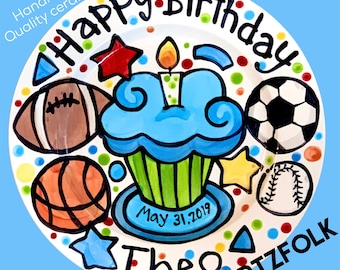 Handmade Birthday Cake Plate Personalized cupcake sports great gift for sports lover