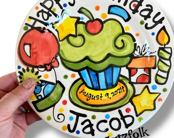 Handmade ceramic Birthday Cake Plate Personalized birthday theme cupcake by Artzfolk