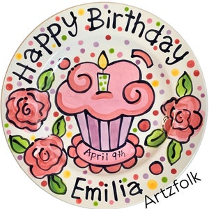 Small or Large handmade ceramic Celebrate happy birthday roses Party plate personalized name cupcake