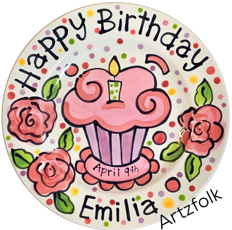 Small or Large handmade ceramic Celebrate happy birthday roses Party plate personalized name cupcake image 1