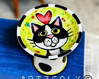 Artzfolk Raised cat portrait water or food dish handmade