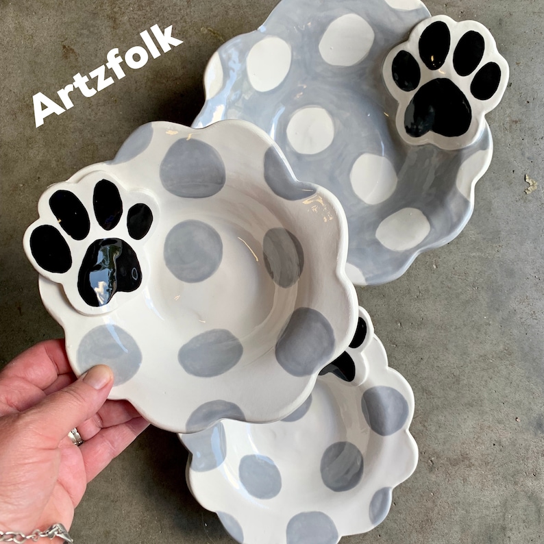 Set of 3 polka dot and paw handmade pottery dog or cat bowls 2 small 1 medium personalized custom pet dishes by artzfolk