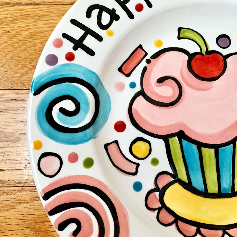 Small or Large Ceramic Personalized Birthday Plate confetti party swirls and cupcake handmade by Artzfolk image 5