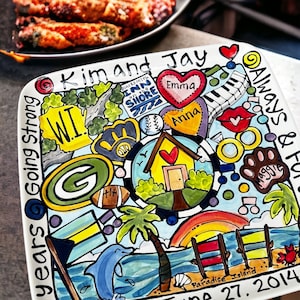 May include: A hand-painted ceramic platter with a colorful design featuring a house, palm trees, a beach, and the text "Kim and Jay, Always & Forever, Years Going Strong".