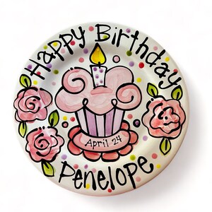 Small or Large handmade ceramic Celebrate happy birthday roses Party plate personalized name cupcake image 7