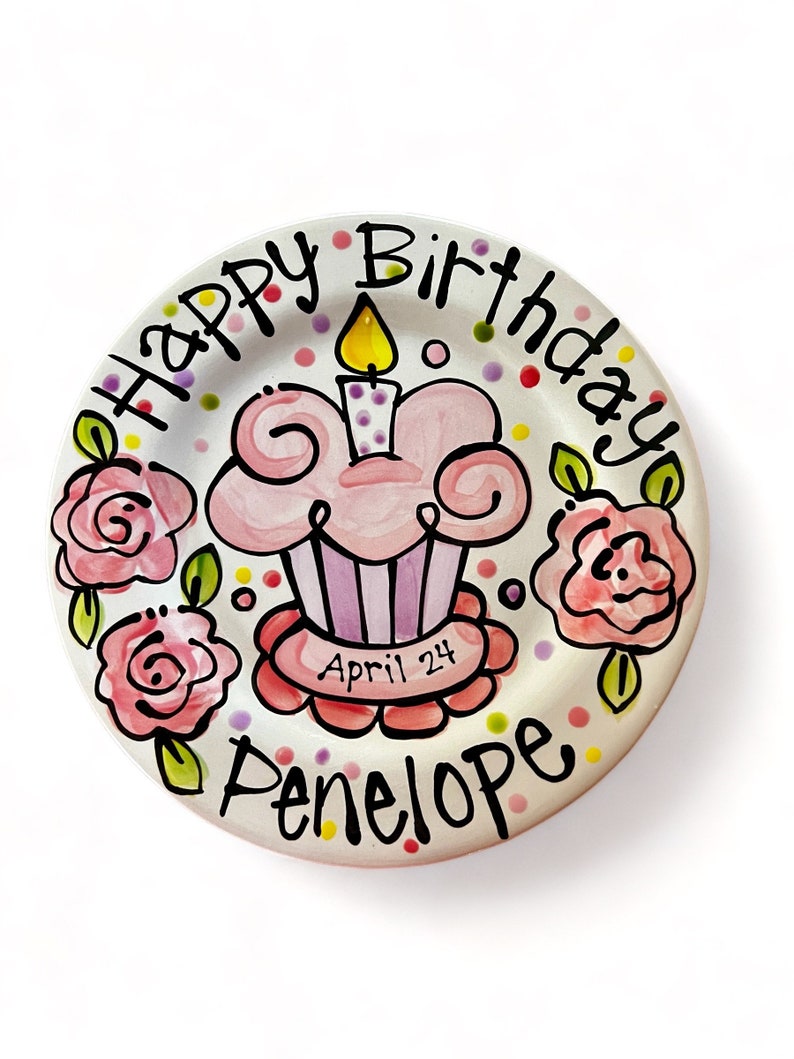 Small or Large handmade ceramic Celebrate happy birthday roses Party plate personalized name cupcake image 7