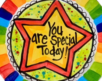 Custom handmade You are Special Today Plate Personalized ceramic rainbow dish by Artzfolk