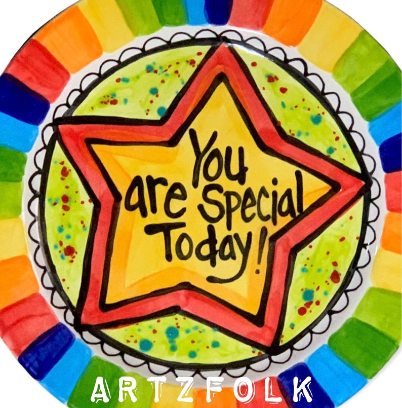Custom handmade You are Special Today Plate Personalized ceramic rainbow dish by Artzfolk image 1