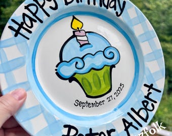 Personalized Birthday Plate traditional checkered cupcake