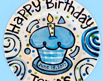 Happy Birthday custom handmade gingham checked personalized Plate ceramic plate