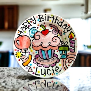 Personalized birthday party plate for a girl or boy in a party theme 10" or 7" ceramic by Artzfolk