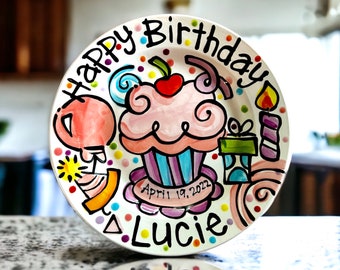 Personalized birthday party plate for a girl or boy in a party theme 10" or 7" ceramic by Artzfolk