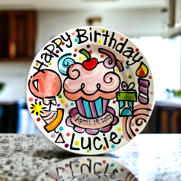 Personalized birthday party plate for a girl or boy in a party theme 10" or 7" ceramic by Artzfolk