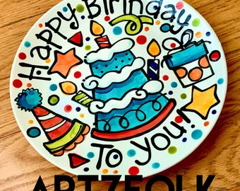 Big Celebrate everything ceramic birthday cake plate by Artzfolk