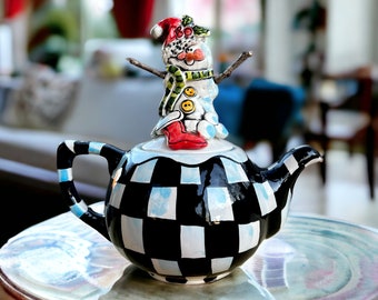 Ooak handmade checkerboard snowman teapot signed