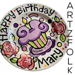 Small or Large handmade ceramic Celebrate happy birthday roses Party plate personalized name cupcake image 5