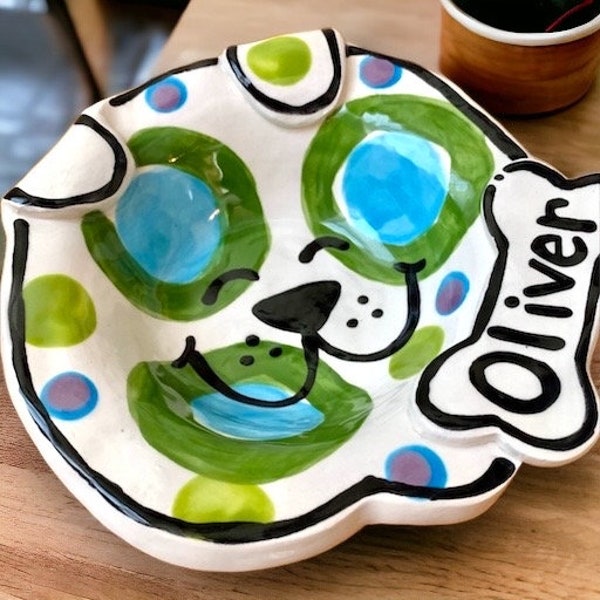 Handmade colorful pottery polka dot happy dog bowl by Artzfolk personalized bone dish