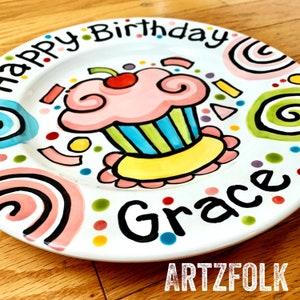 Small or Large Ceramic Personalized Birthday Plate confetti party swirls and cupcake handmade by Artzfolk image 4