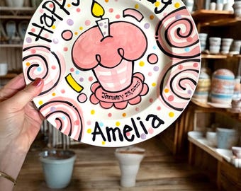 Happy Birthday custom handmade gingham checked personalized Plate ceramic plate