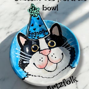 party cats CUSTOM handmade small Ceramic cat portrait water and food set or just one bowl by Artzfolk