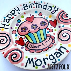 Personalised Birthday Plate confetti party swirls and flowers cupcake handmade by Artzfolk 7" or 10"