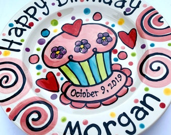 Personalised Birthday Plate confetti party swirls and flowers cupcake handmade by Artzfolk 7" or 10"