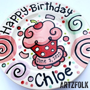 Happy Birthday 10" or 7" polka dot pink cupcake personalized Plate custom ceramic