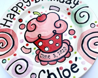 Happy Birthday polka dot pink cupcake personalized smash Plate custom ceramic