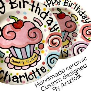 Small or Large Ceramic Personalized Birthday Plate confetti party swirls and cupcake handmade by Artzfolk image 1