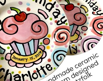 Small or Large Ceramic Personalized Birthday Plate confetti party swirls and cupcake handmade by Artzfolk