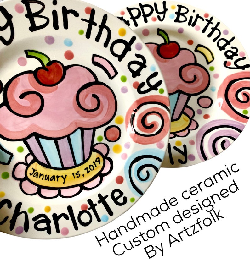 Small or Large Ceramic Personalized Birthday Plate confetti party swirls and cupcake handmade by Artzfolk image 1